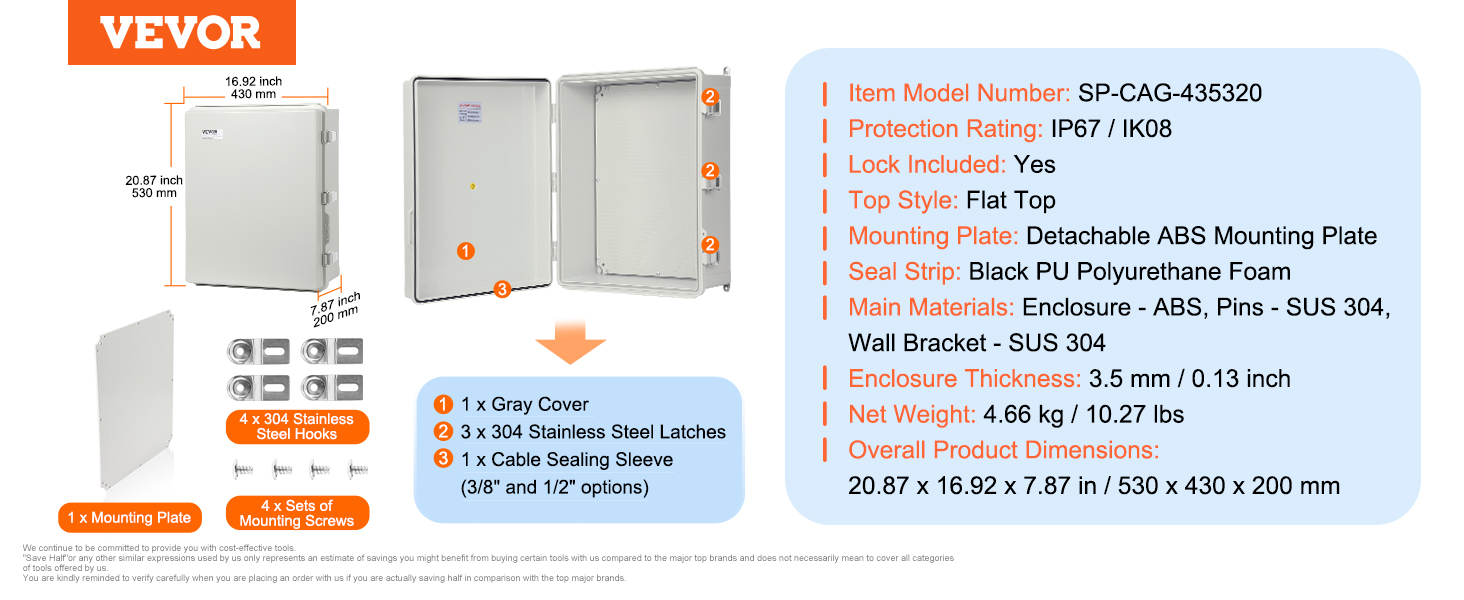 VEVOR electrical junction box with ip67/ik08 rating, detachable abs mounting plate, and stainless steel latches.