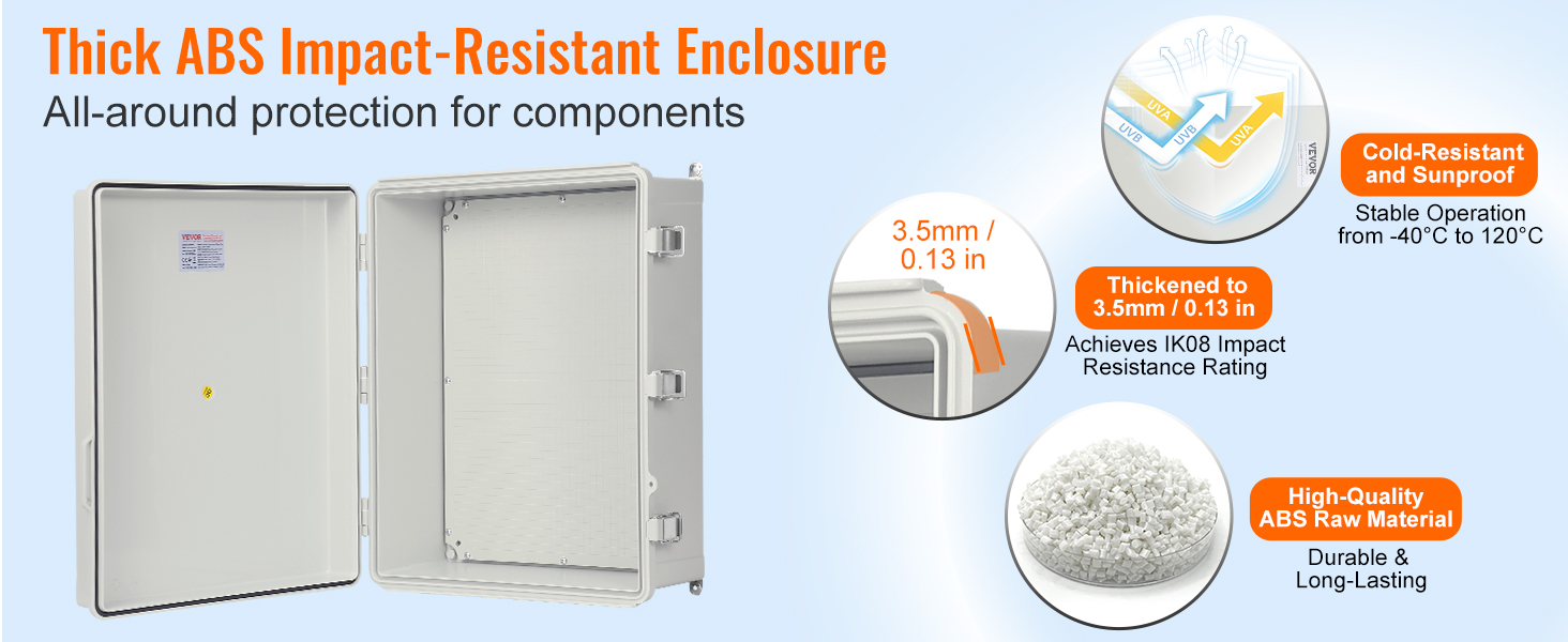 VEVOR electrical junction box with thick abs impact-resistant enclosure ensuring all-around protection.