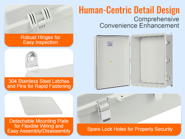 VEVOR electrical junction box with robust hinges, stainless steel latches, and detachable mounting plate.