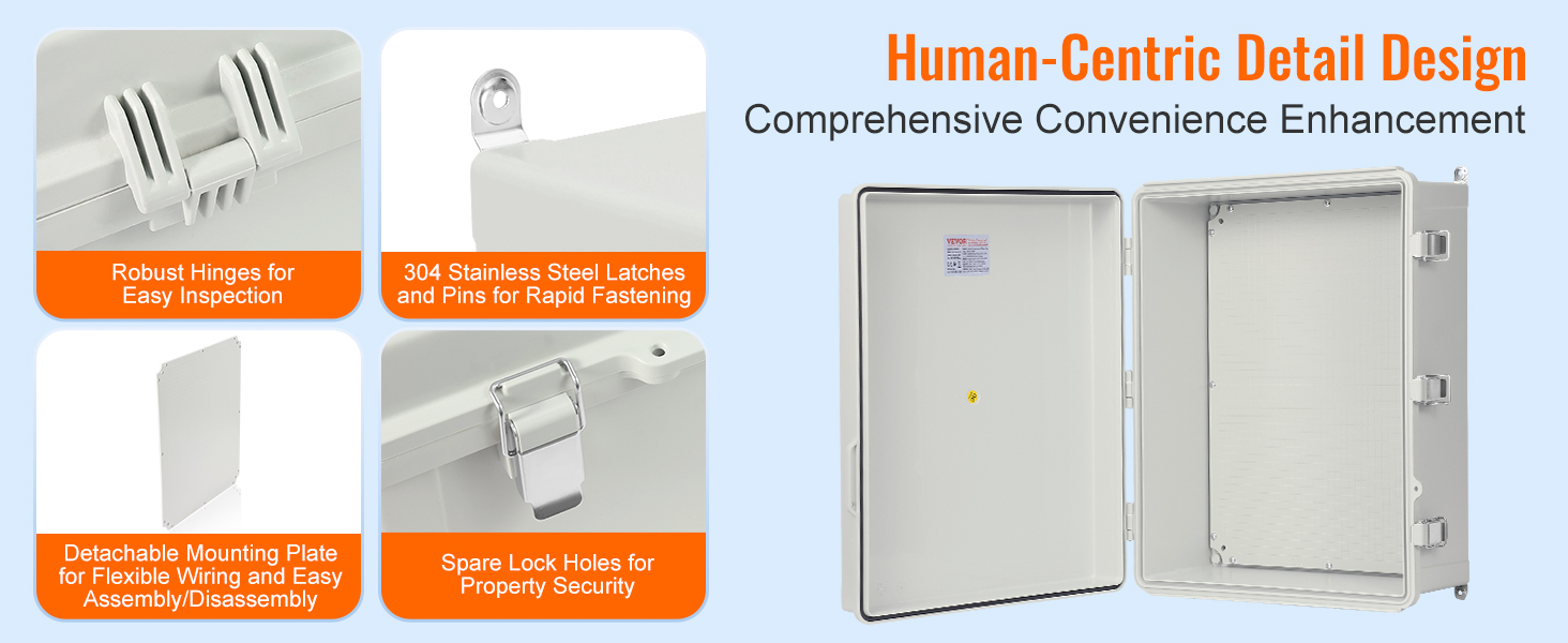 VEVOR electrical junction box with robust hinges, stainless steel latches, and detachable mounting plate.