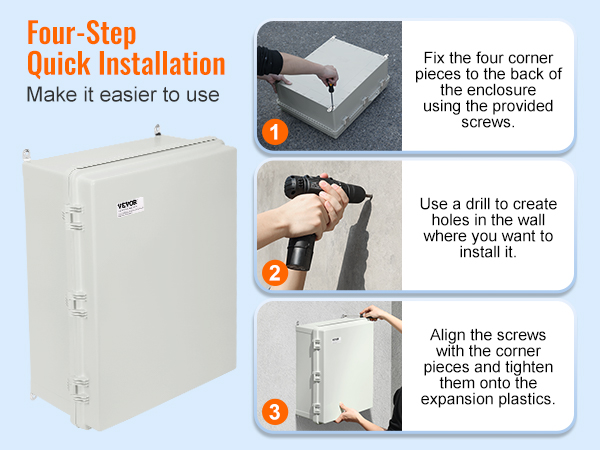 four-step installation guide for VEVOR electrical junction box, featuring mounting and drilling steps.