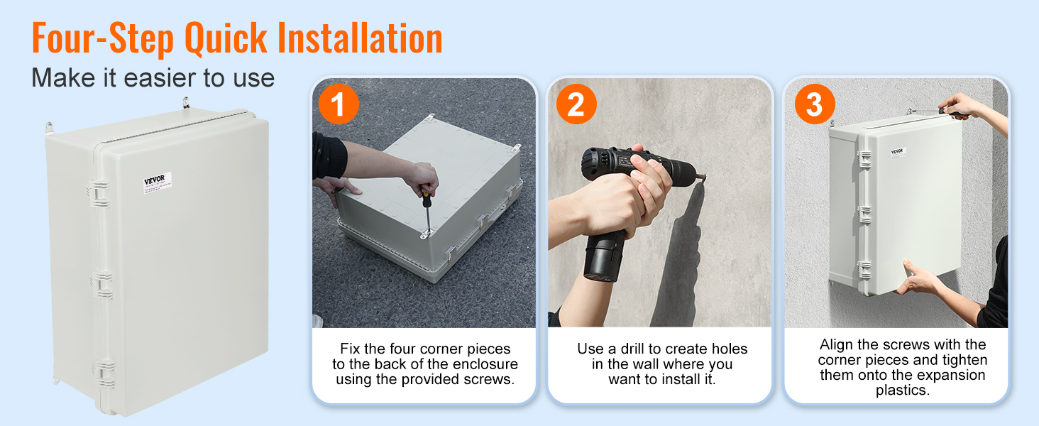 four-step installation guide for VEVOR electrical junction box, featuring mounting and drilling steps.