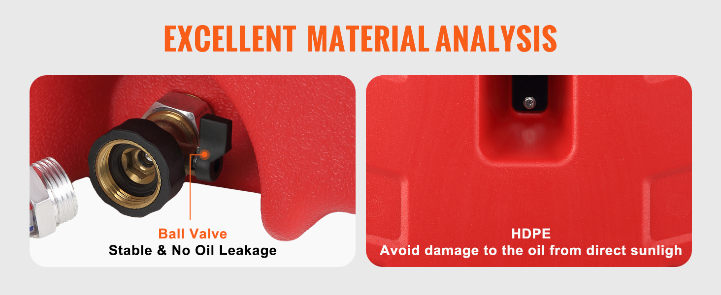 VEVOR fuel caddy materials: durable ball valve for no oil leakage, red hdpe to protect oil from sunlight.