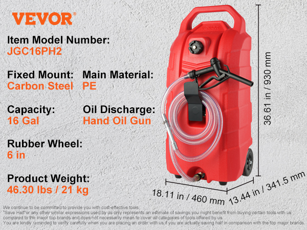VEVOR fuel caddy jgc16ph2, 16 gal, pe material, hand oil gun, 46.30 lbs, red, carbon steel mount.