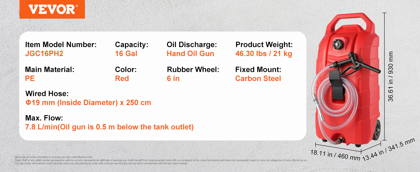 VEVOR fuel caddy jgc16ph2, 16 gal, pe material, hand oil gun, 46.30 lbs, red, carbon steel mount.