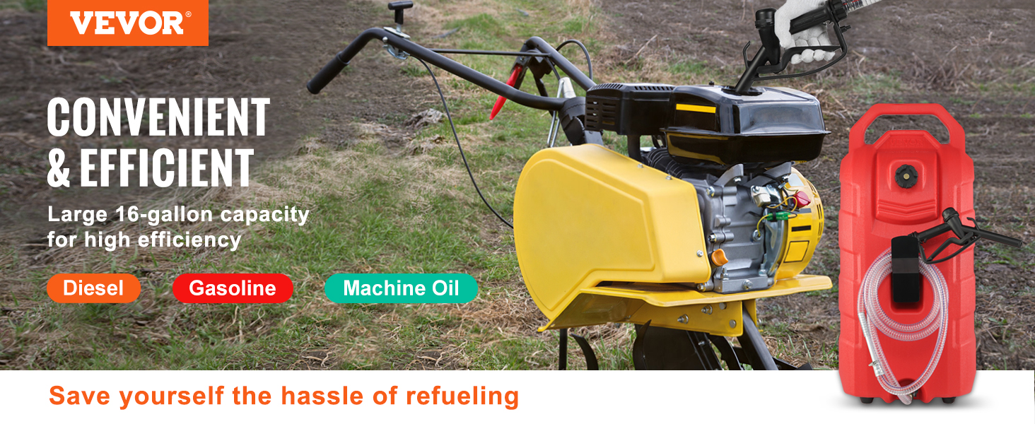 VEVOR fuel caddy, 16-gallon capacity, for diesel, gasoline, and machine oil refueling efficiently.