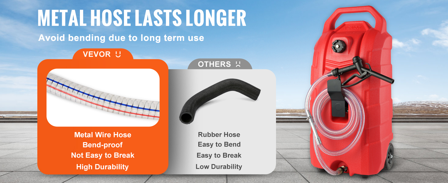 VEVOR fuel caddy with metal wire hose, showcasing durability against bending and long-term use.