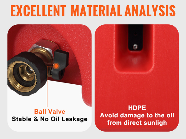 VEVOR fuel caddy with ball valve for no oil leakage and hdpe construction to avoid sun damage.