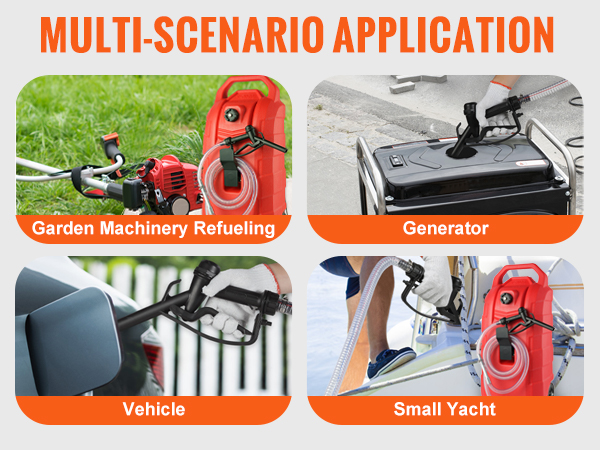 multi-scenario uses of VEVOR fuel caddy for garden machinery, generators, small yachts, and vehicles.