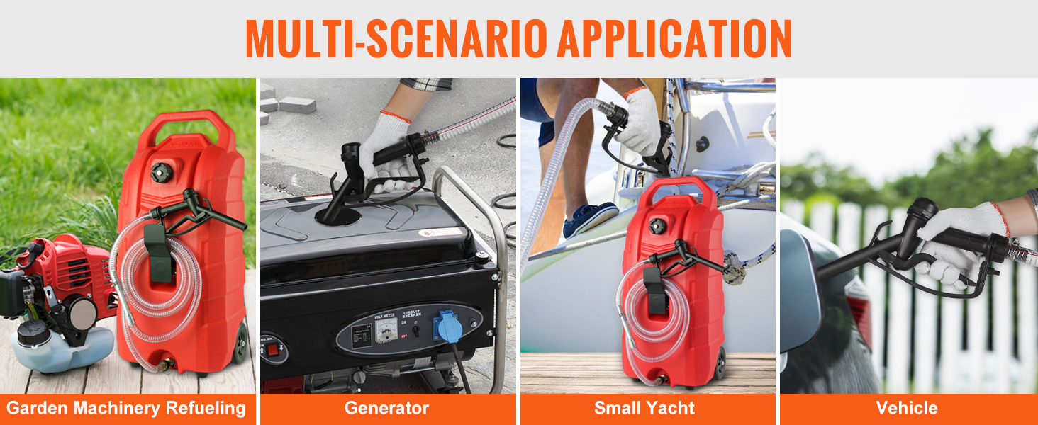 multi-scenario uses of VEVOR fuel caddy for garden machinery, generators, small yachts, and vehicles.