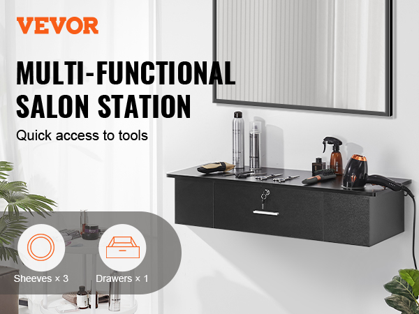 VEVOR salon workstation with wall-mounted shelves, drawers, and tools on the counter, modern black design.