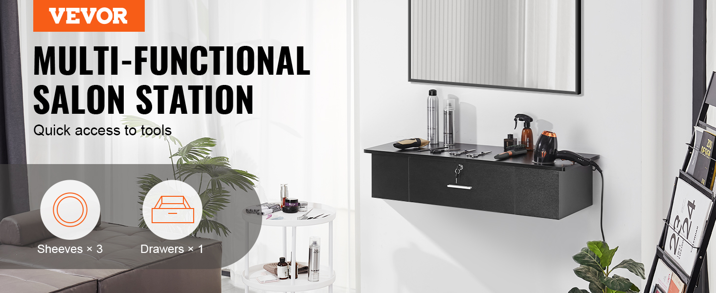 VEVOR salon workstation with wall-mounted shelves, drawers, and tools on the counter, modern black design.