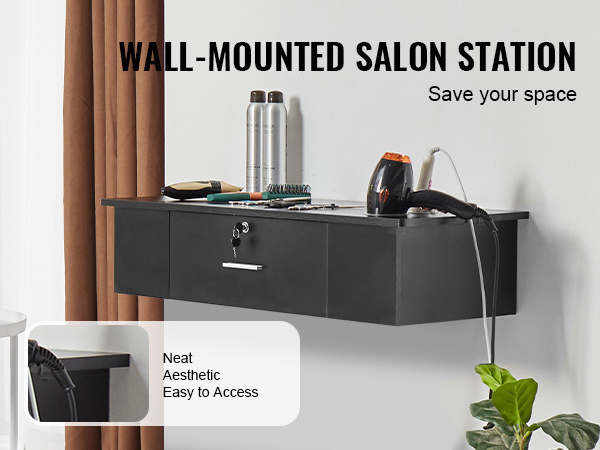 wall-mounted black salon station with drawers and hair tools, promoting space-saving and neat aesthetics.