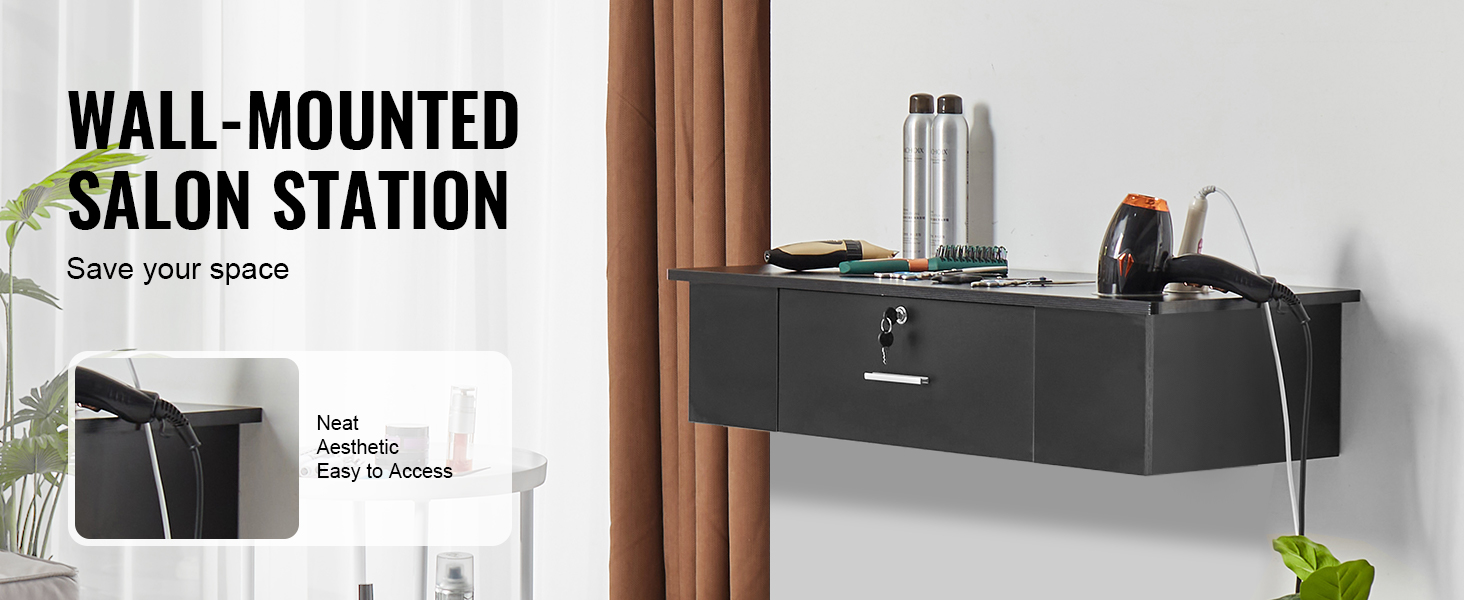wall-mounted black salon station with drawers and hair tools, promoting space-saving and neat aesthetics.