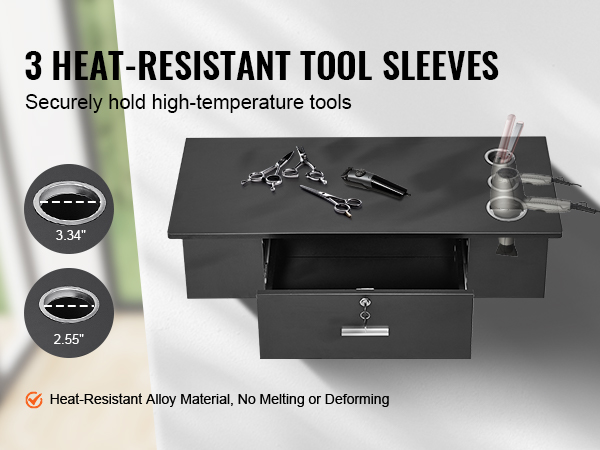 VEVOR salon workstation with 3 heat-resistant tool sleeves for holding high-temperature tools securely.