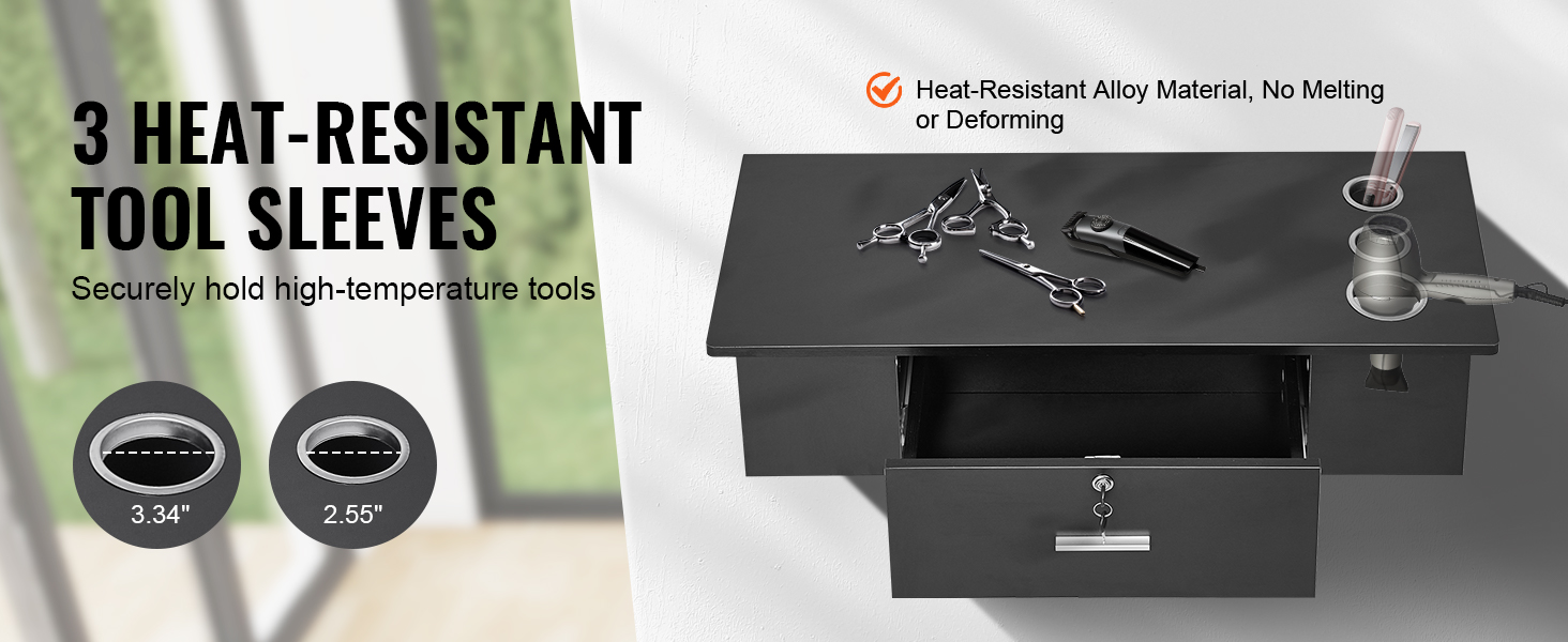 VEVOR salon workstation with 3 heat-resistant tool sleeves for holding high-temperature tools securely.