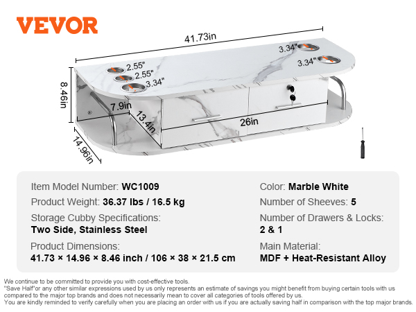 VEVOR salon station detailed dimensions and features, including marble white finish and stainless steel storage cubbies.