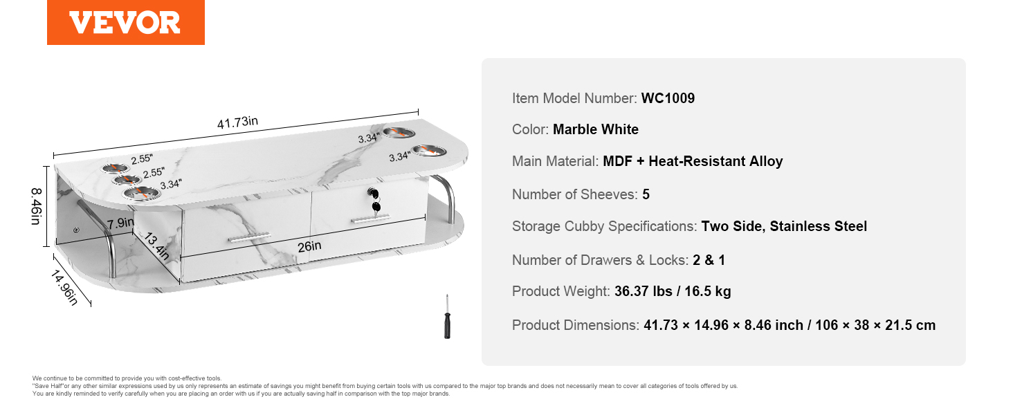 VEVOR salon station detailed dimensions and features, including marble white finish and stainless steel storage cubbies.
