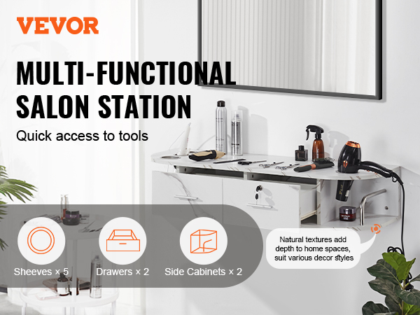 VEVOR salon station with shelves, drawers, side cabinets, and tools for quick access and storage.