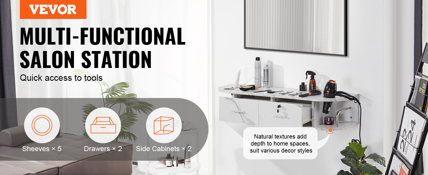 VEVOR salon station with shelves, drawers, side cabinets, and tools for quick access and storage.