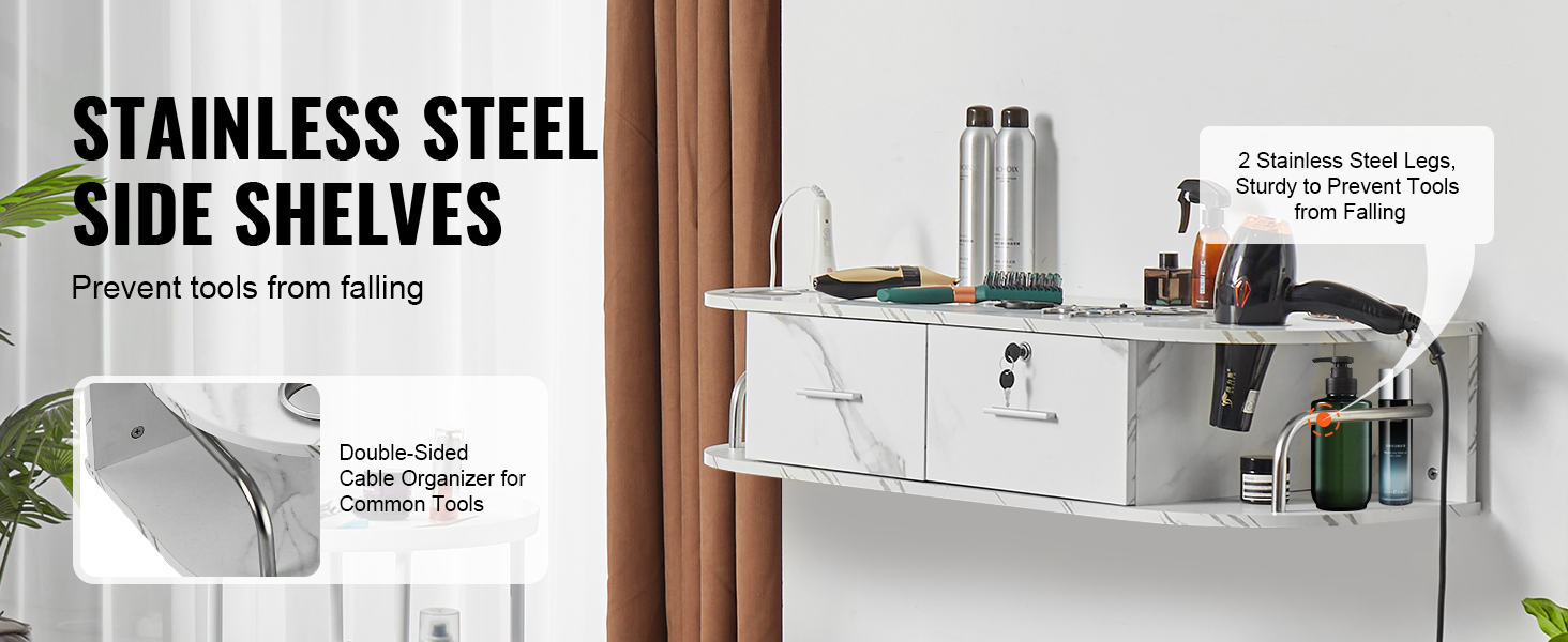 VEVOR salon station with stainless steel side shelves and double-sided cable organizer for tools.