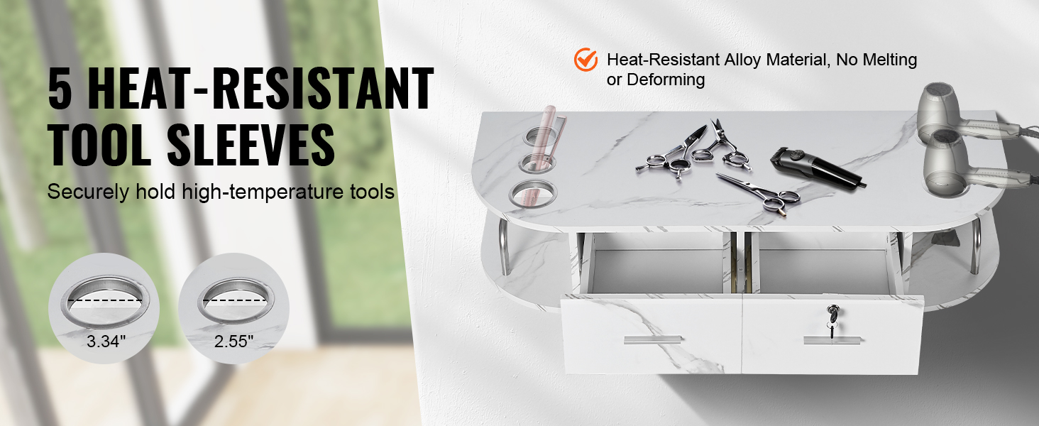 5 heat-resistant tool sleeves on white VEVOR salon station holding hair tools securely.
