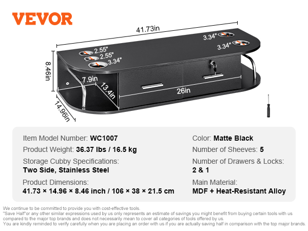 VEVOR salon workstation wc1007 in matte black with storage cubbies and drawers, dimensions listed.