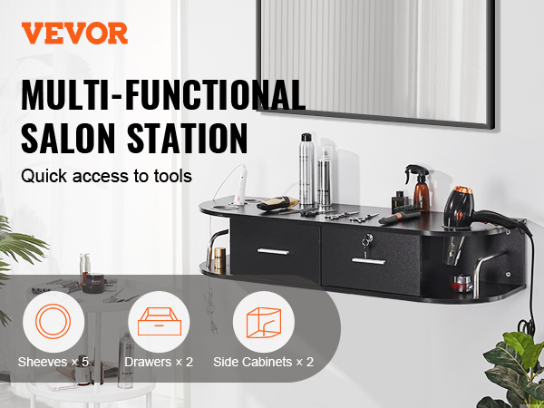 VEVOR salon workstation with 5 shelves, 2 drawers, and 2 side cabinets for tool accessibility.