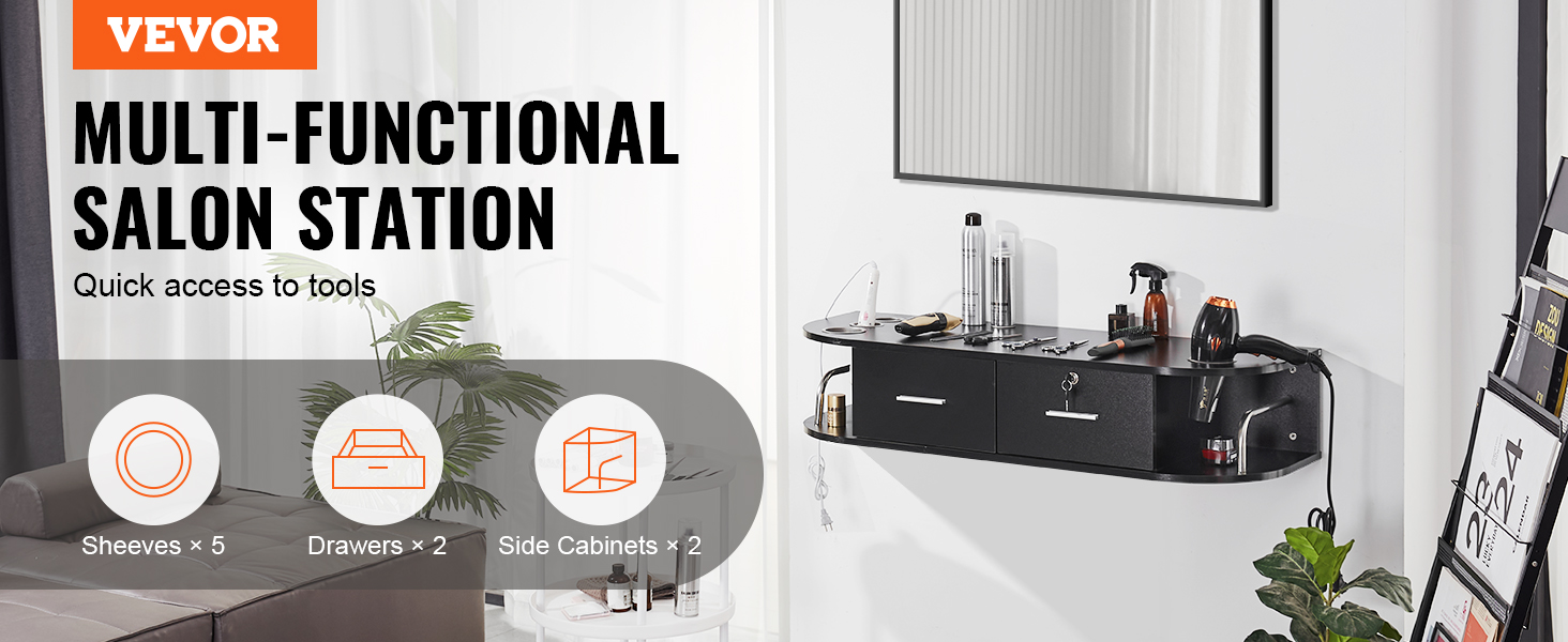 VEVOR salon workstation with 5 shelves, 2 drawers, and 2 side cabinets for tool accessibility.