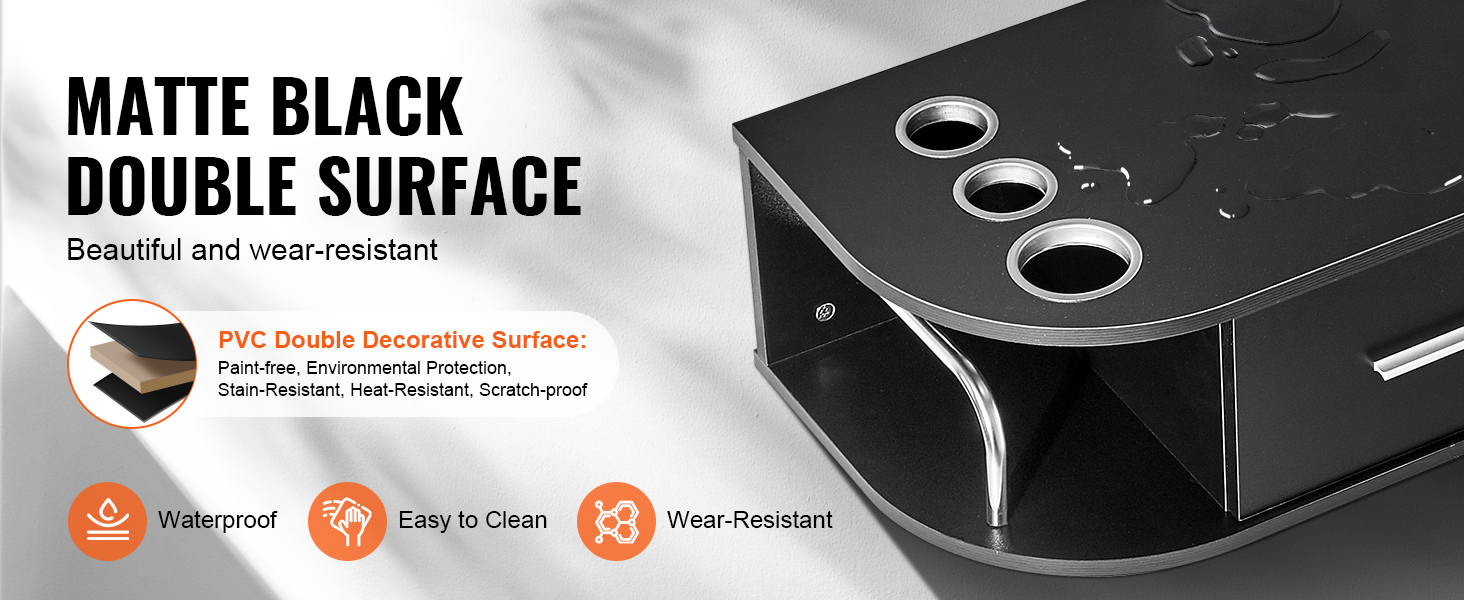 matte black VEVOR salon workstation with pvc double surface, waterproof, easy to clean, wear-resistant.