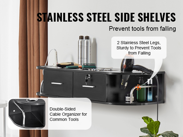 VEVOR salon workstation with stainless steel side shelves, double-sided cable organizer, and tool holders.