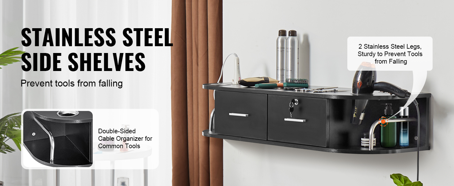 VEVOR salon workstation with stainless steel side shelves, double-sided cable organizer, and tool holders.