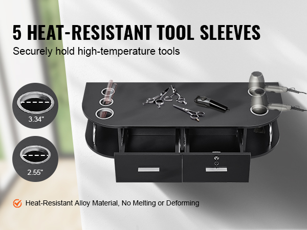 VEVOR salon workstation with 5 heat-resistant tool sleeves for securely holding high-temperature tools.