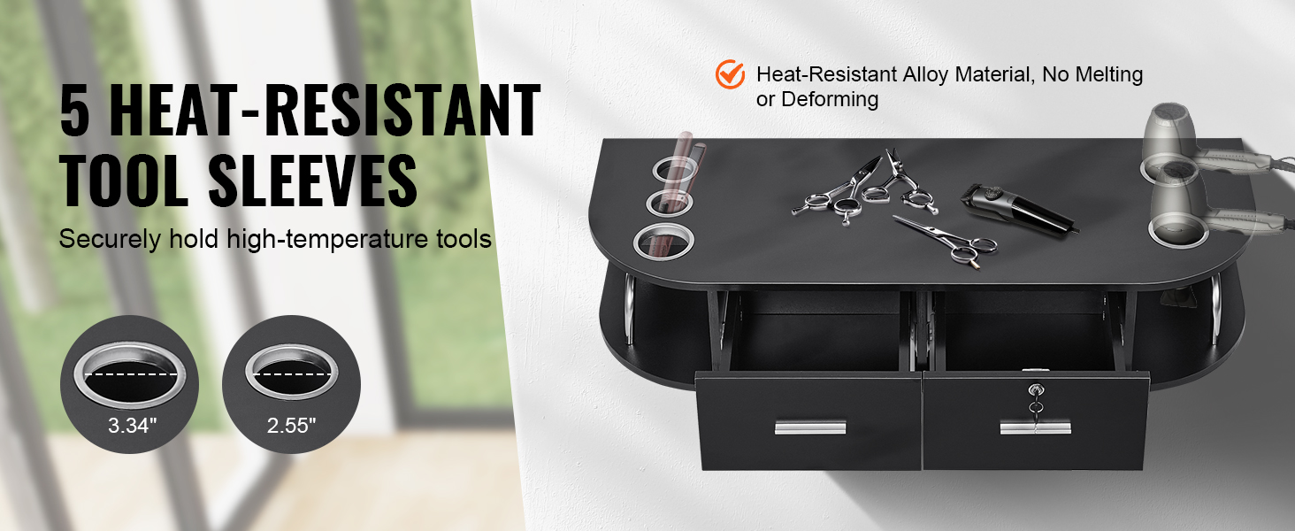 VEVOR salon workstation with 5 heat-resistant tool sleeves for securely holding high-temperature tools.