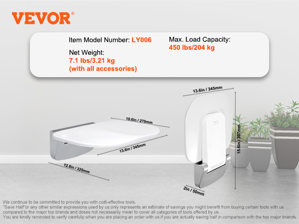 VEVOR folding shower seat, model ly006, 7.1 lbs, max load 450 lbs, includes hardware and user manual.