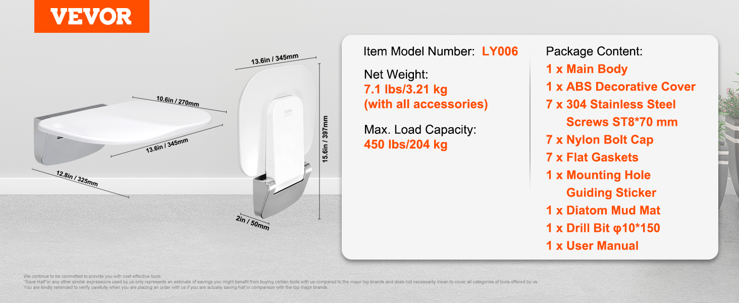 VEVOR folding shower seat, model ly006, 7.1 lbs, max load 450 lbs, includes hardware and user manual.