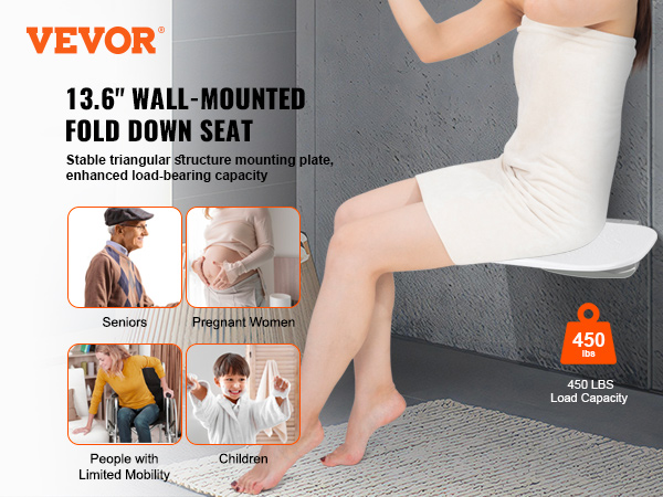 VEVOR folding shower seat, wall-mounted, supports up to 450 lbs, ideal for seniors, pregnant women, disabled.