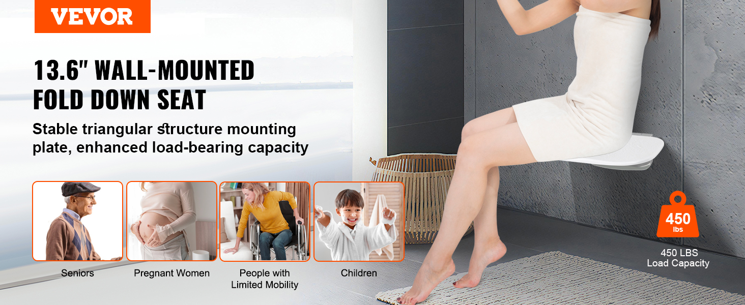 VEVOR folding shower seat, wall-mounted, supports up to 450 lbs, ideal for seniors, pregnant women, disabled.