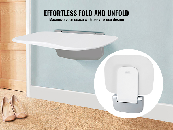 VEVOR folding shower seat mounted on a light blue wall, emphasizing space-saving foldable design.