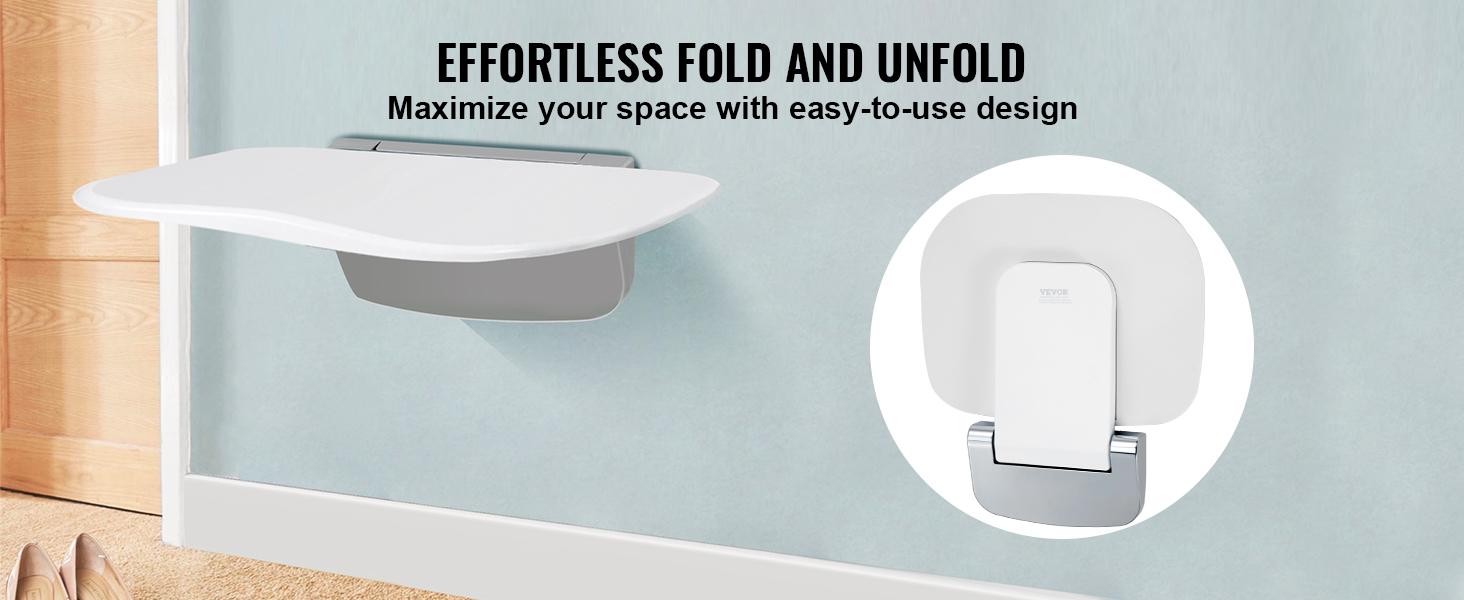 VEVOR folding shower seat mounted on a light blue wall, emphasizing space-saving foldable design.