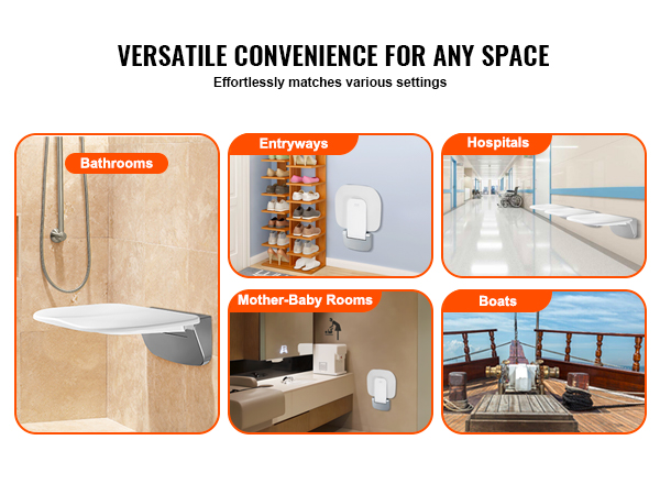 VEVOR folding shower seat: versatile for bathrooms, entryways, hospitals, mother-baby rooms, and boats.