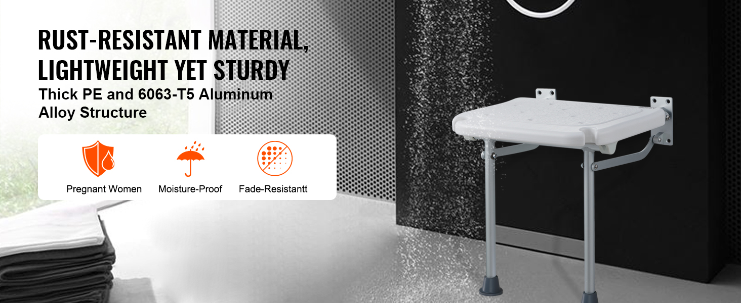 rust-resistant, lightweight, sturdy VEVOR folding shower seat with thick pe, 6063-t5 aluminum alloy.