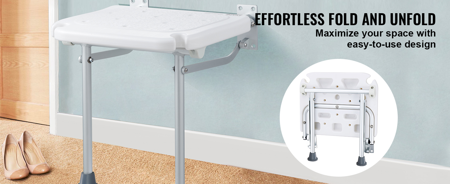 VEVOR folding shower seat mounted on a wall, showcasing its effortless fold and unfold design.