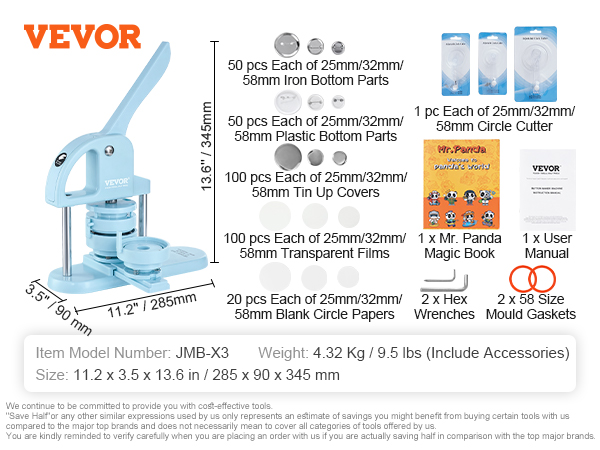 VEVOR button maker machine jmb-x3 with 50 pcs each of 25mm/32mm parts and accessories, manual, tools.