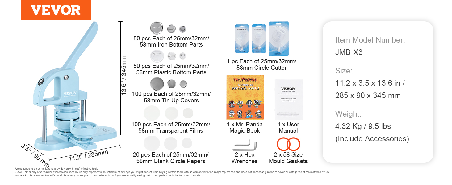 VEVOR button maker machine jmb-x3 with 50 pcs each of 25mm/32mm parts and accessories, manual, tools.