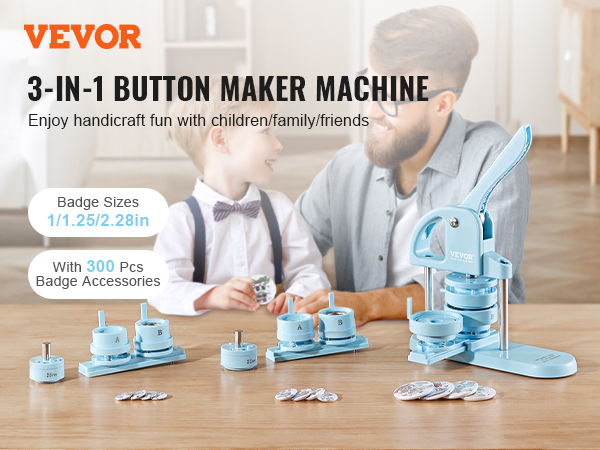 VEVOR button maker machine 3-in-1 set with badge accessories for family fun. badge sizes: 1/1.25/2.28in.