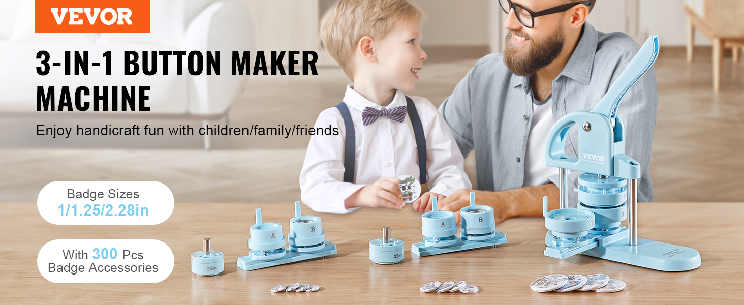 VEVOR button maker machine 3-in-1 set with badge accessories for family fun. badge sizes: 1/1.25/2.28in.
