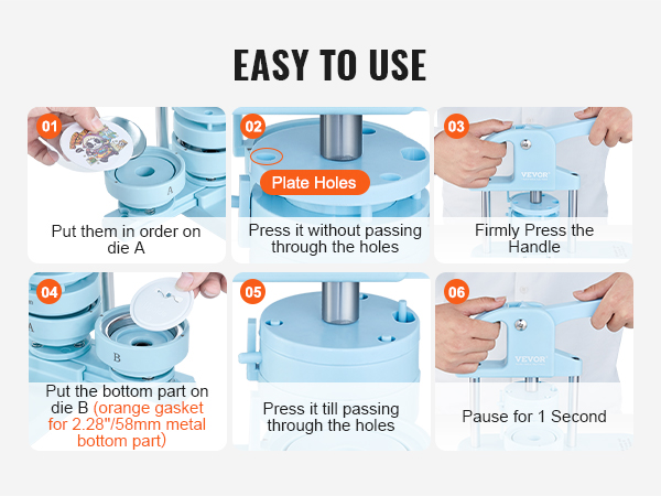 steps to use the VEVOR button maker machine, demonstrated in six clear instructions.