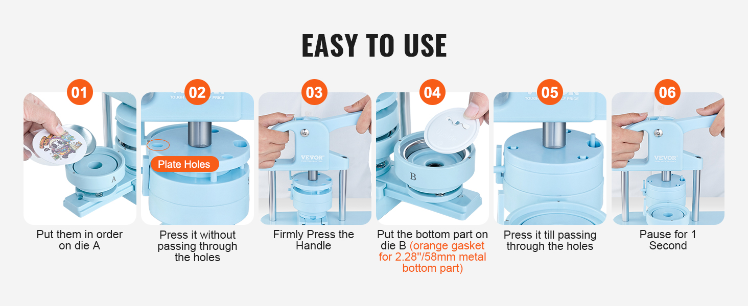 steps to use the VEVOR button maker machine, demonstrated in six clear instructions.