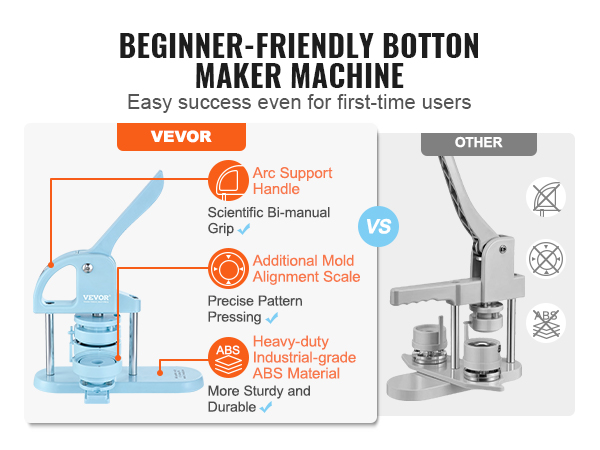 VEVOR button maker machine with arc support handle, mold alignment scale, and abs material vs others.